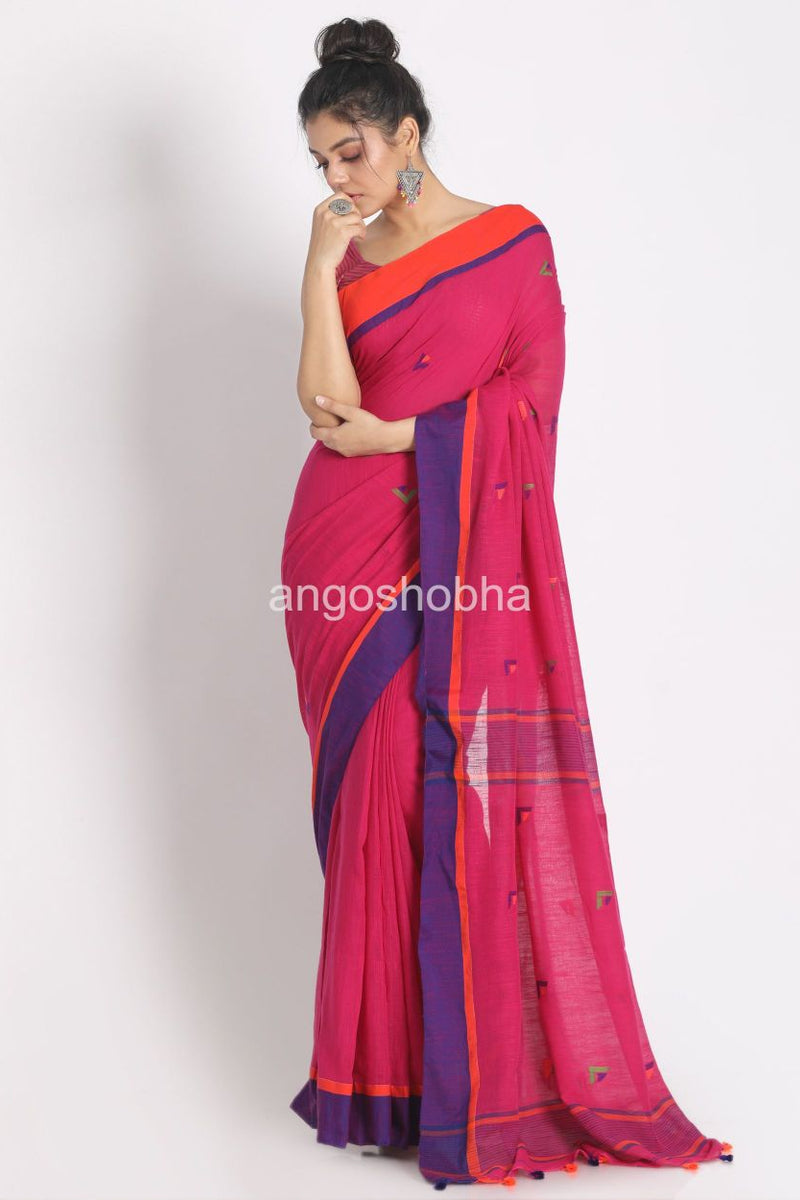 Rose Red Cotton Handloom With Weaving Motif