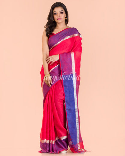 Rose Red Handwoven Linen Saree angoshobha