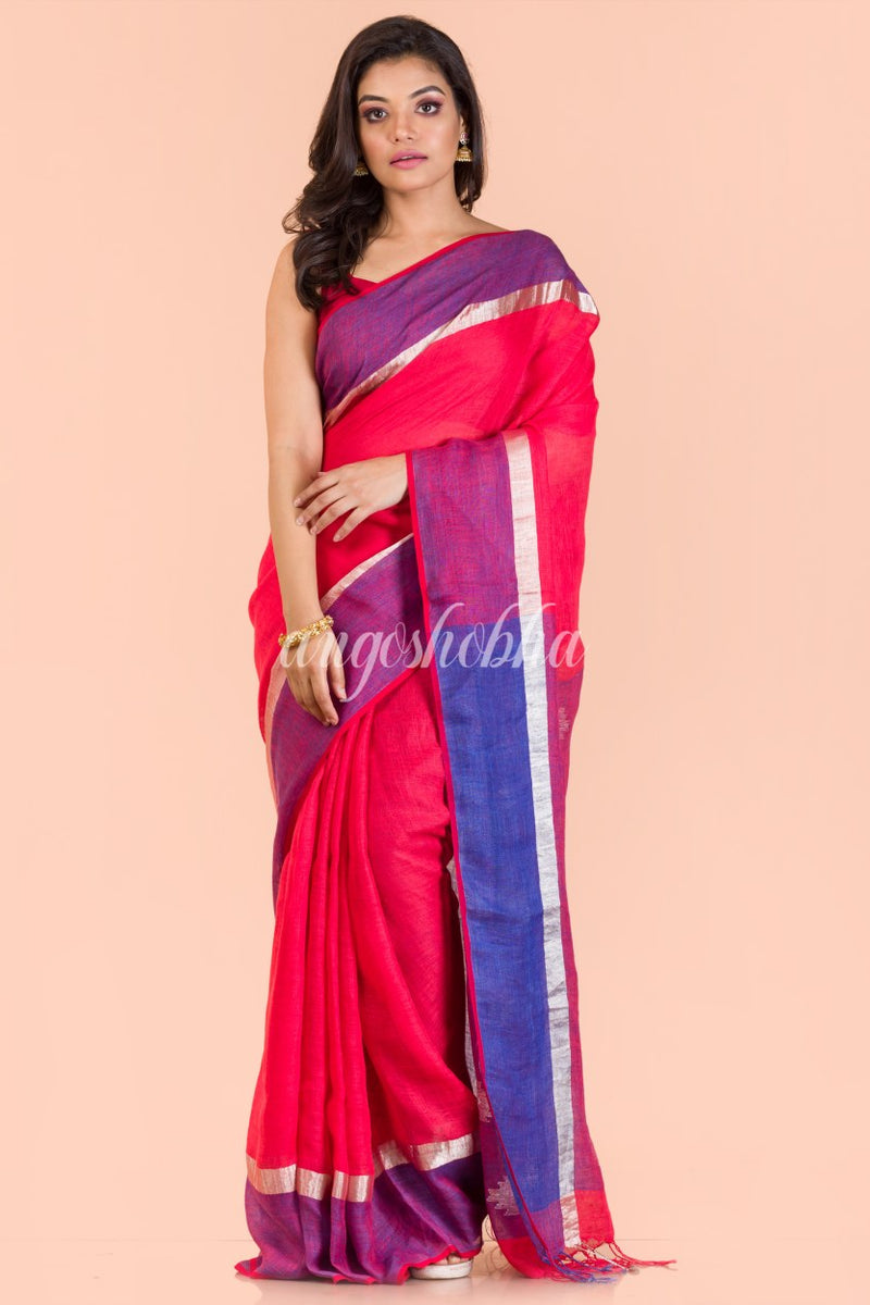 Rose Red Handwoven Linen Saree