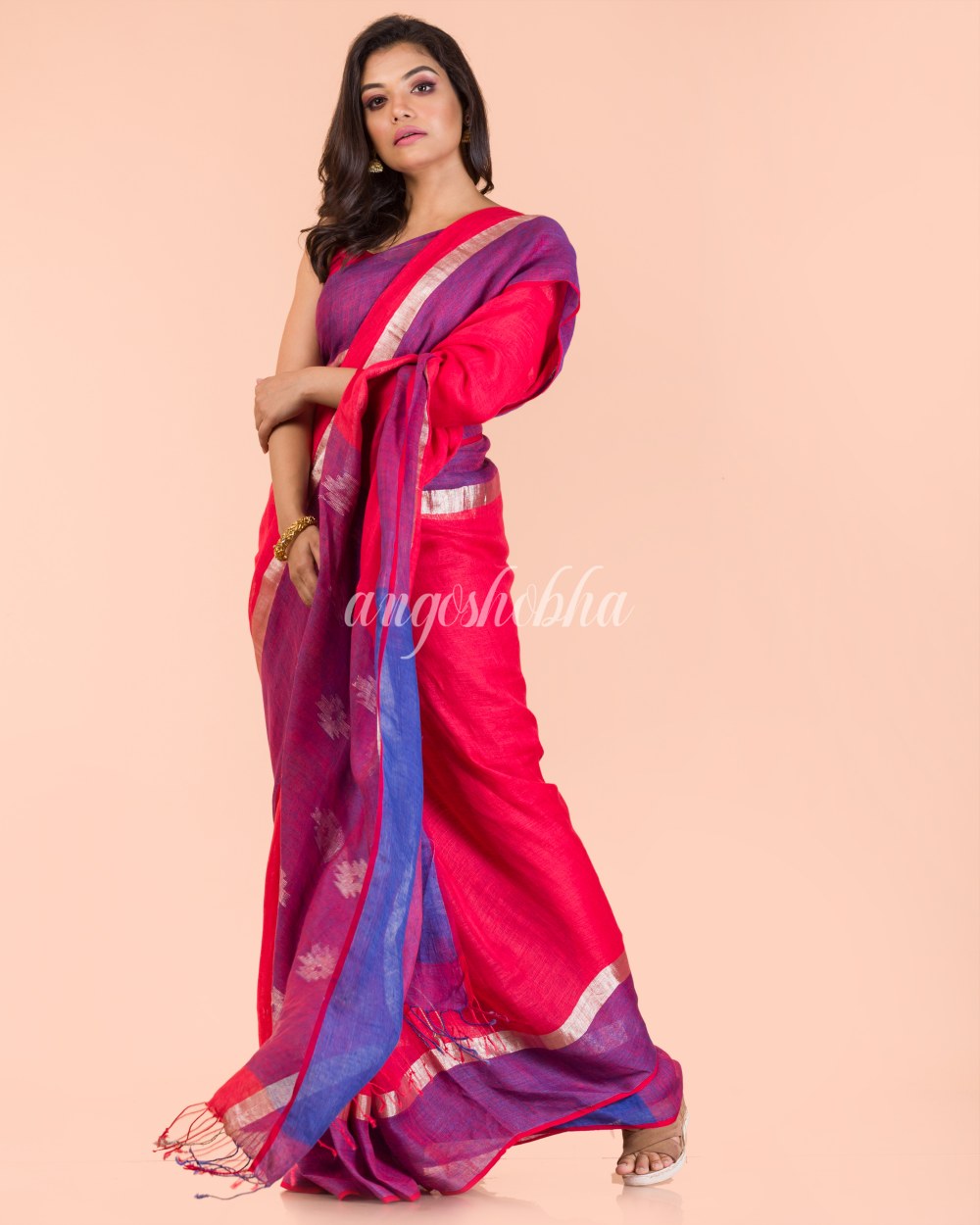 Rose Red Handwoven Linen Saree angoshobha