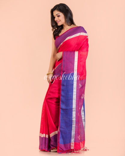 Rose Red Handwoven Linen Saree angoshobha