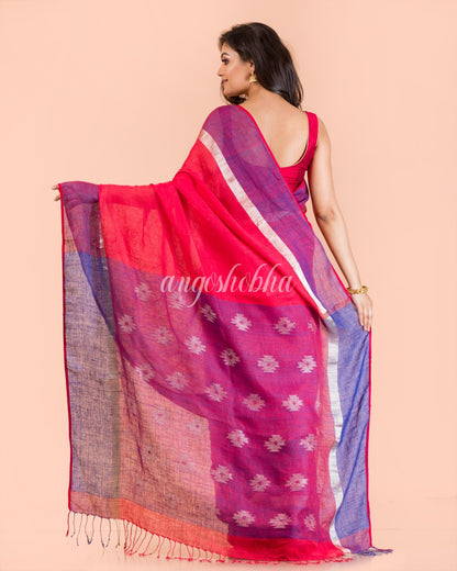 Rose Red Handwoven Linen Saree angoshobha