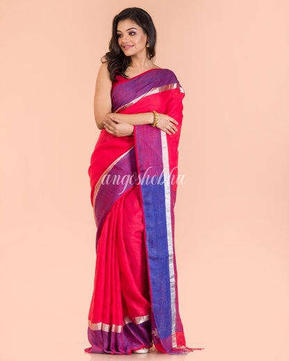 Rose Red Handwoven Linen Saree angoshobha