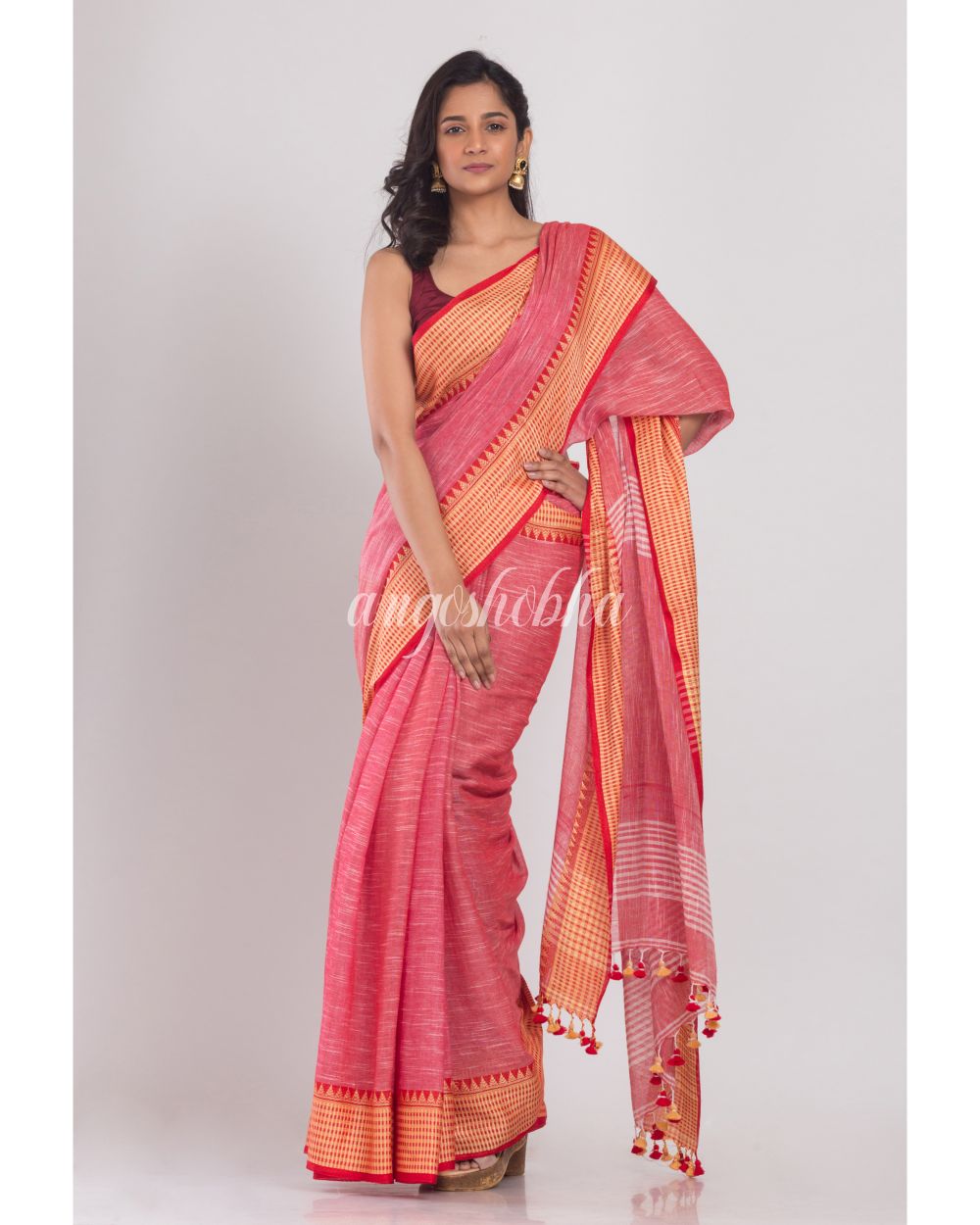 Rose Red Soft Cotton Handloom Saree angoshobha