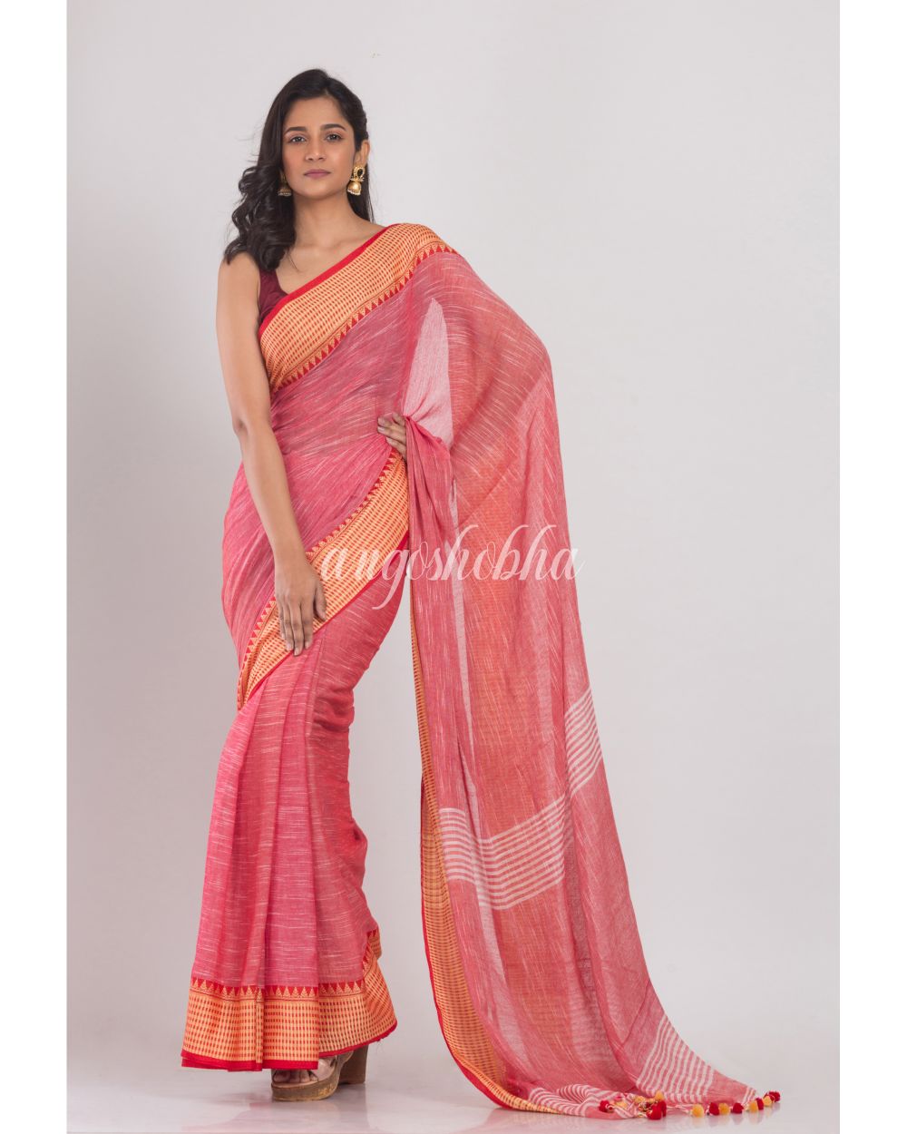 Rose Red Soft Cotton Handloom Saree angoshobha