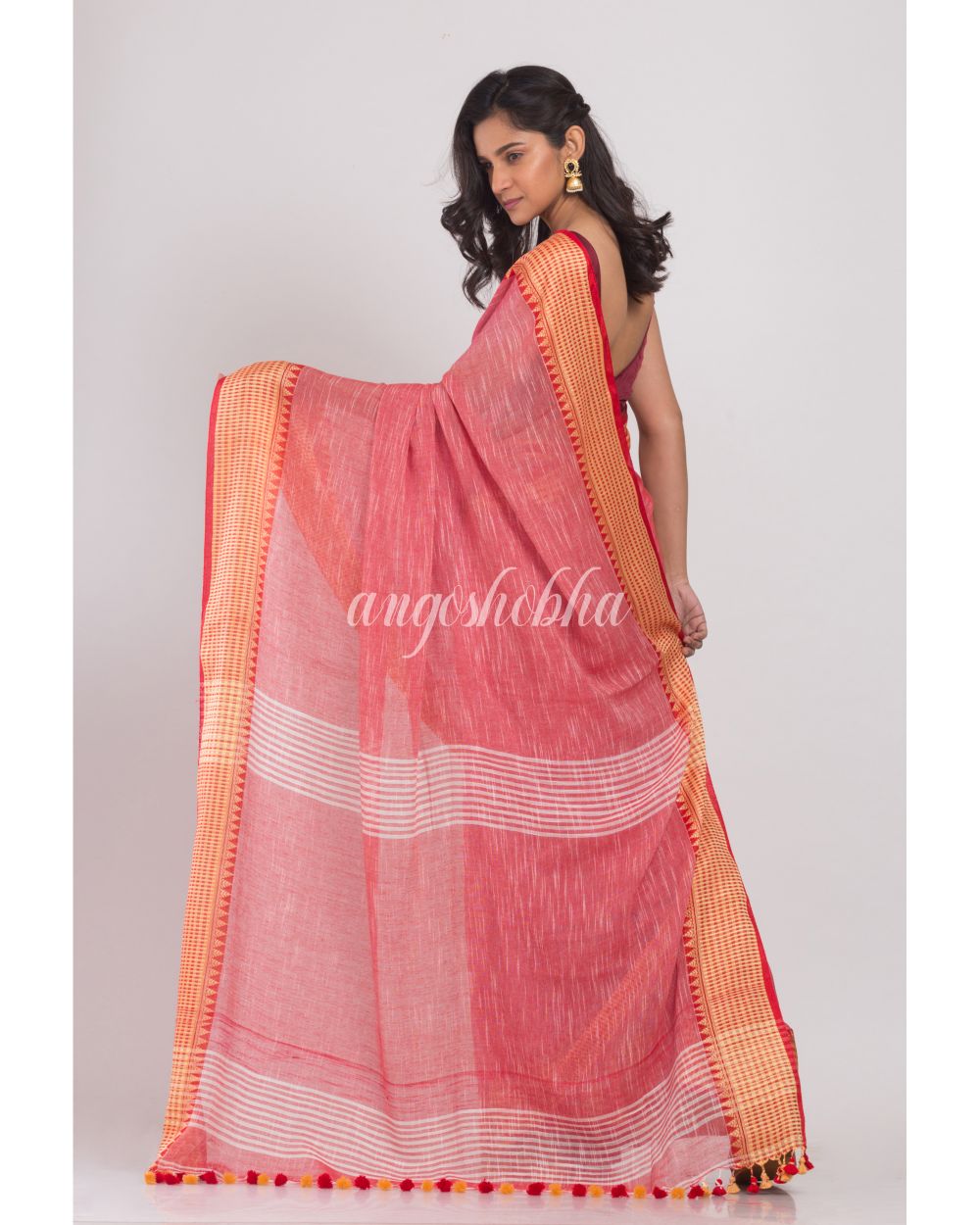 Rose Red Soft Cotton Handloom Saree angoshobha
