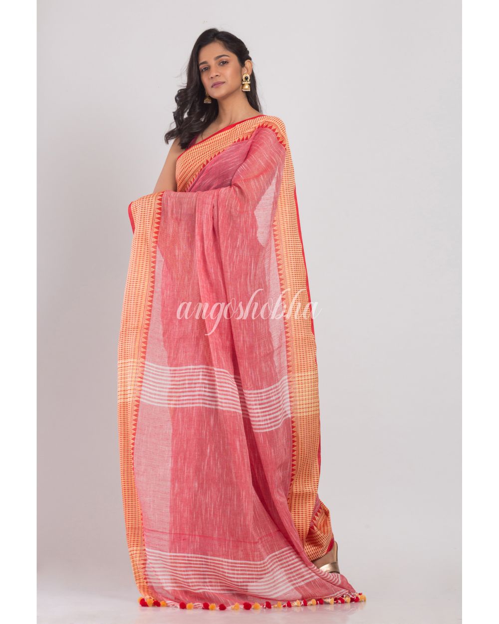 Rose Red Soft Cotton Handloom Saree angoshobha