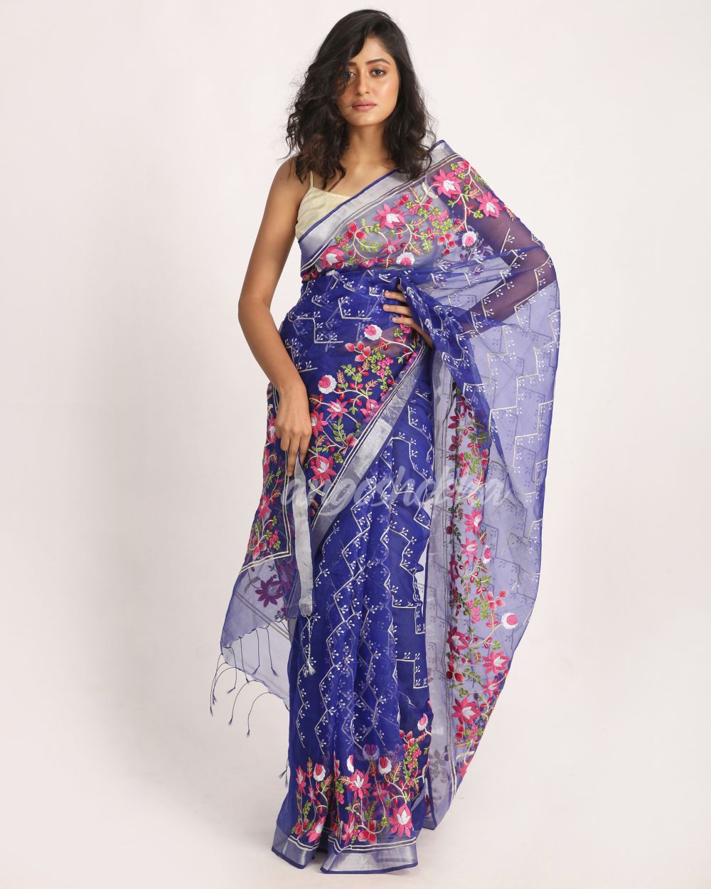 Royal Blue Art Silk Muslin Handloom Embroidery Saree angoshobha