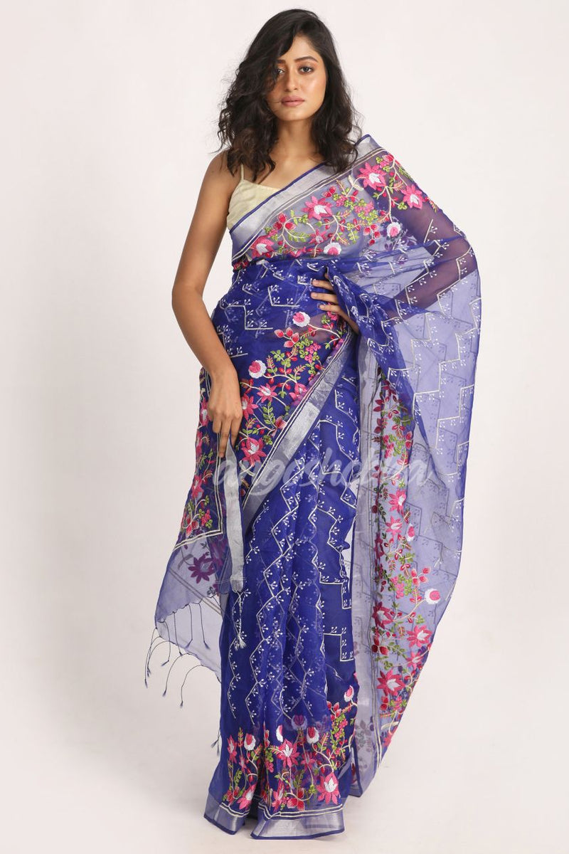 Royal Blue Art Silk Muslin Handloom Embroidery Saree