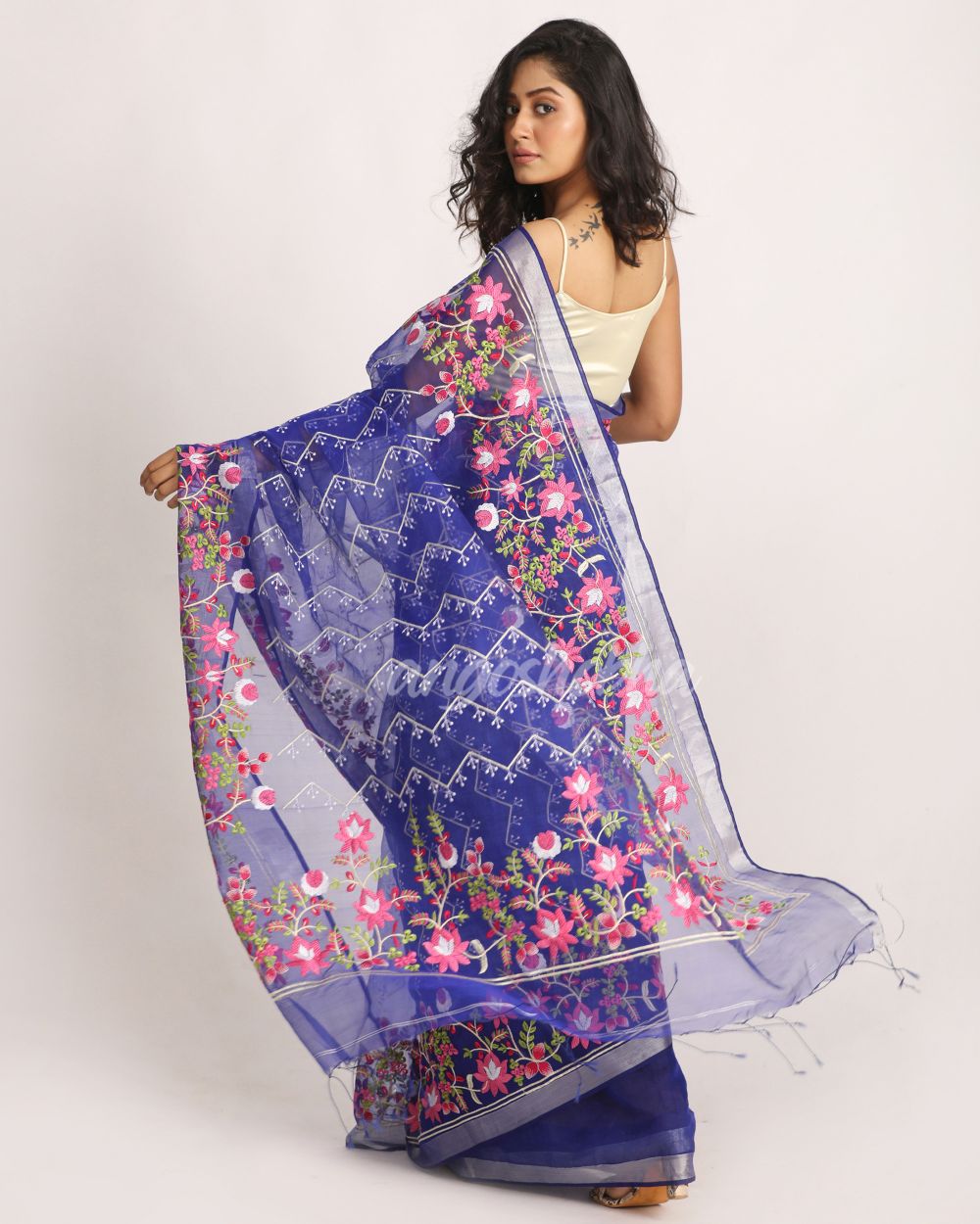 Royal Blue Art Silk Muslin Handloom Embroidery Saree angoshobha