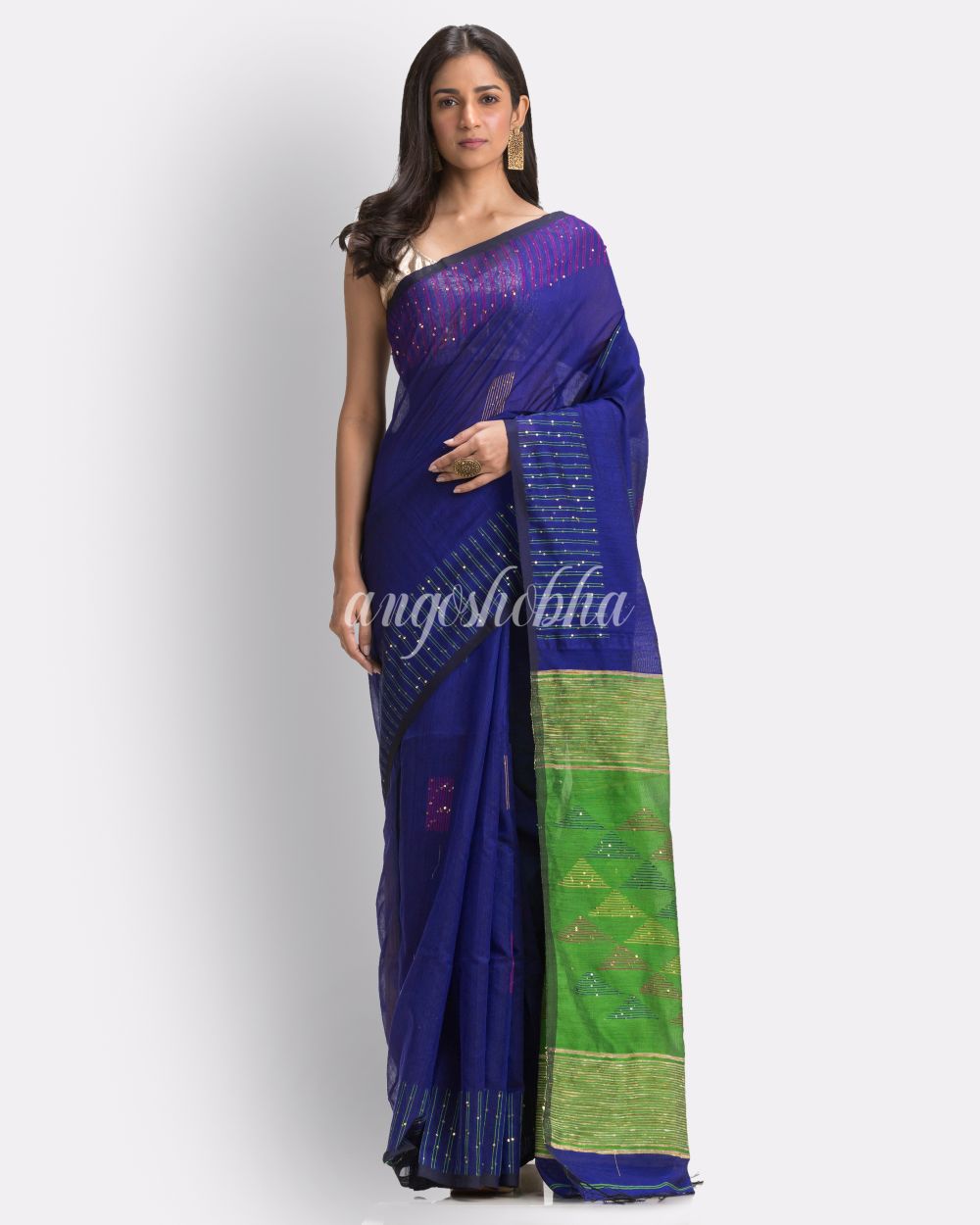 Royal Blue Cotton Blend Handloom Jamdani Saree angoshobha