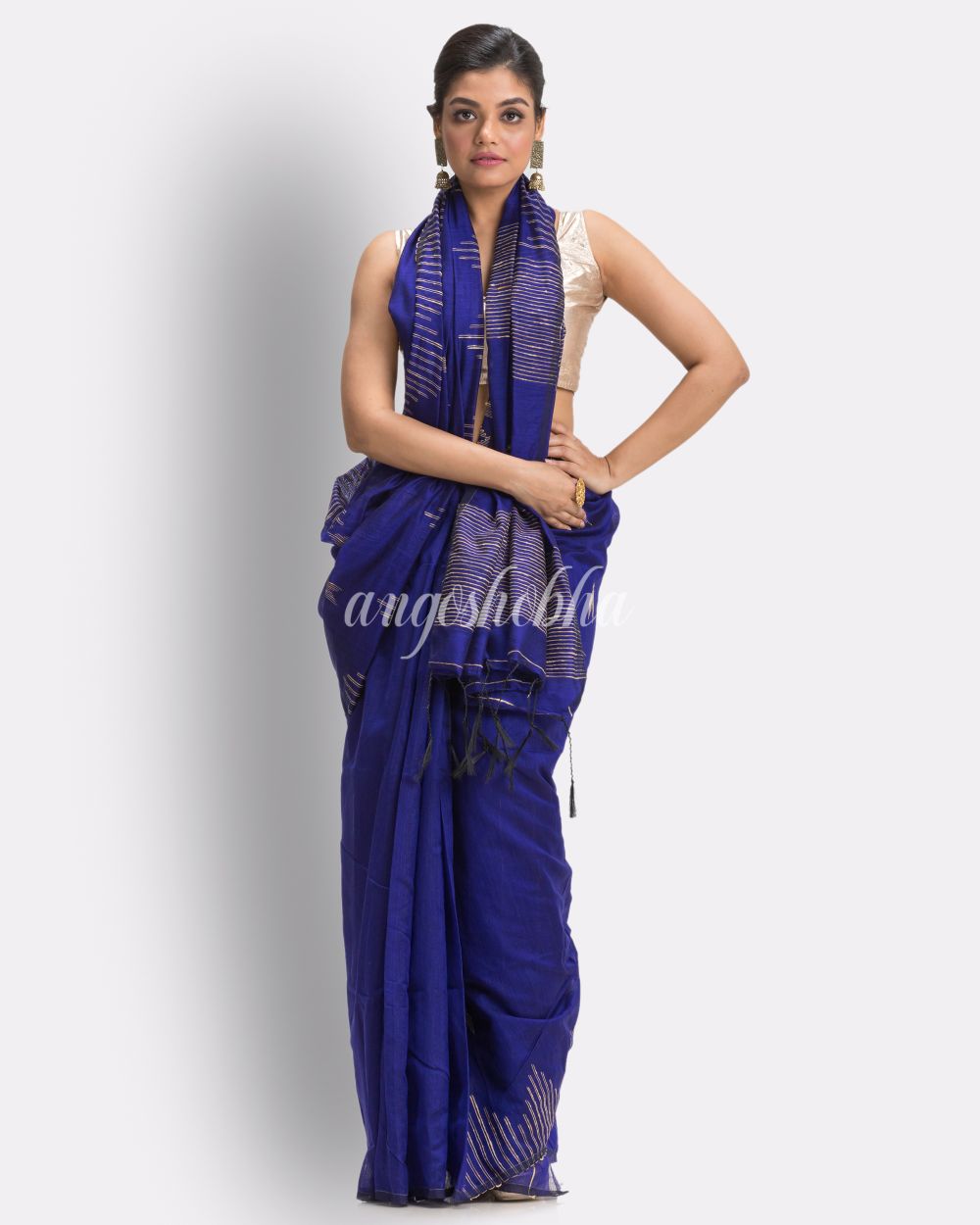 Royal Blue Cotton Blend Handloom Jamdani Saree angoshobha