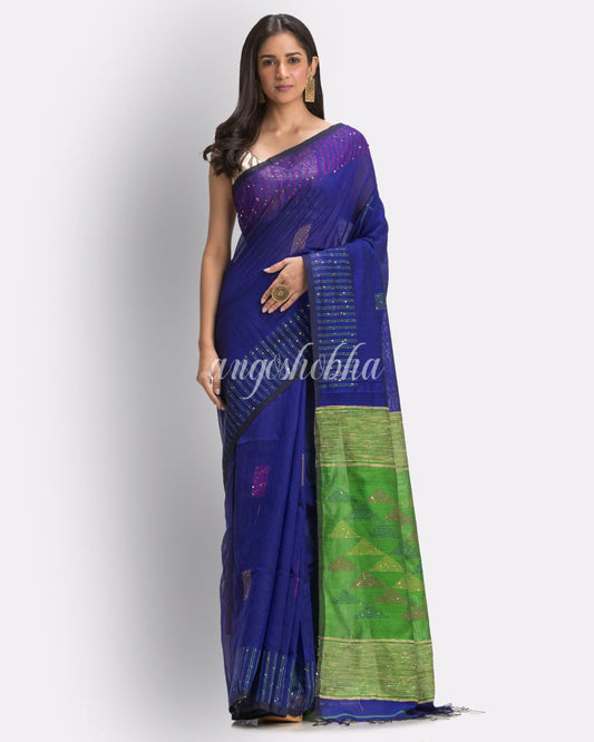 Royal Blue Cotton Blend Handloom Jamdani Saree angoshobha