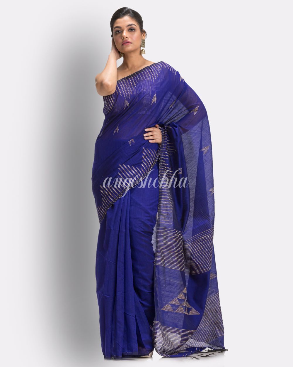 Royal Blue Cotton Blend Handloom Jamdani Saree angoshobha