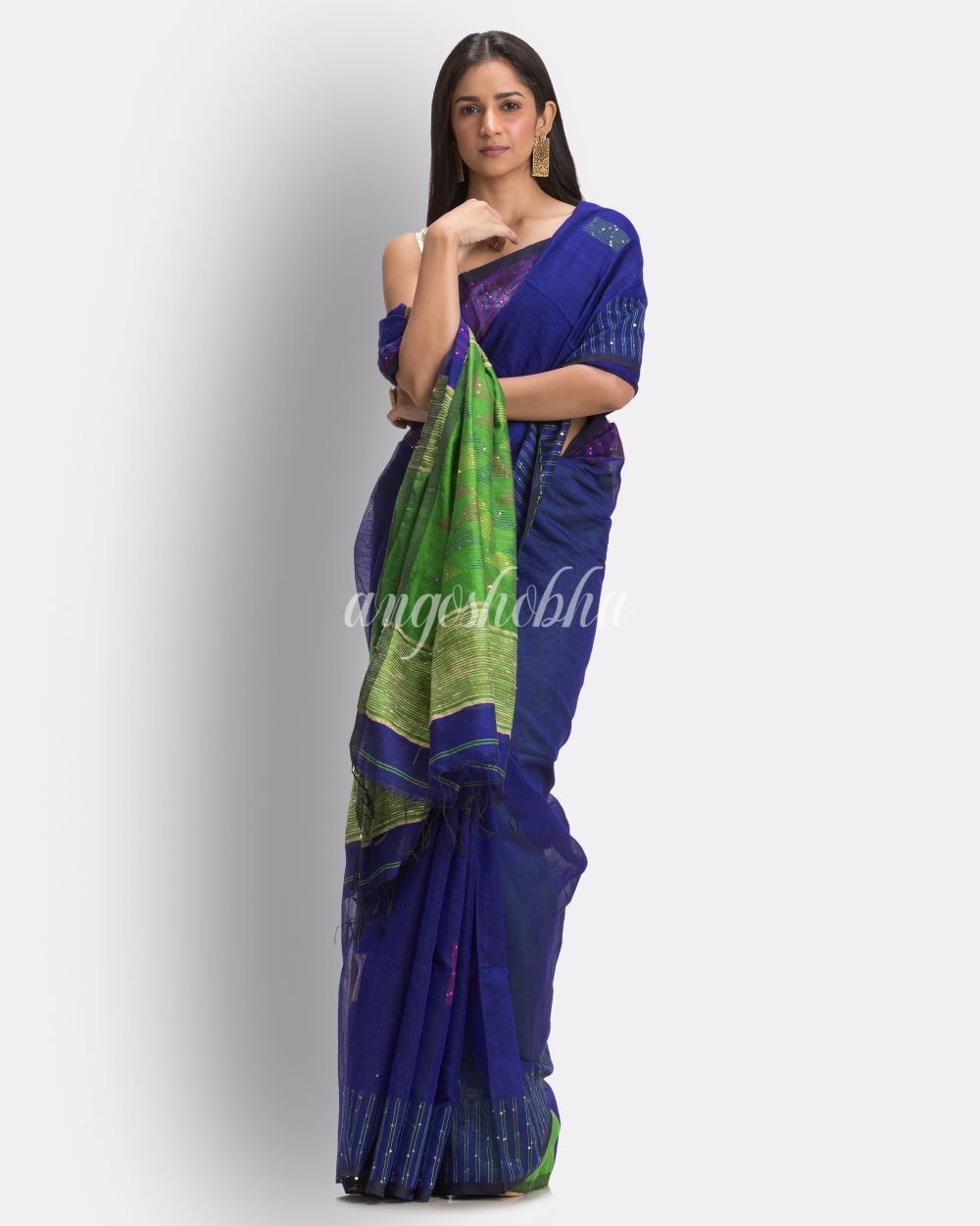 Royal Blue Cotton Blend Handloom Jamdani Saree angoshobha