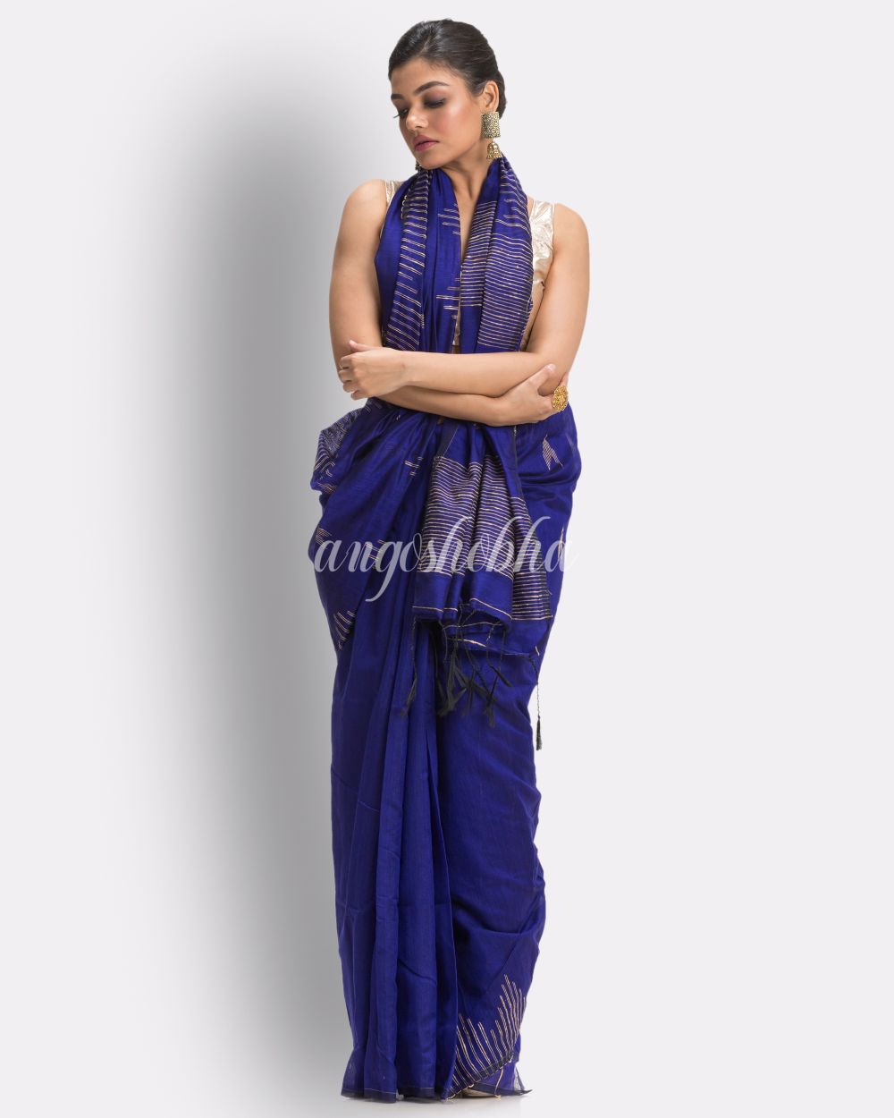 Royal Blue Cotton Blend Handloom Jamdani Saree angoshobha