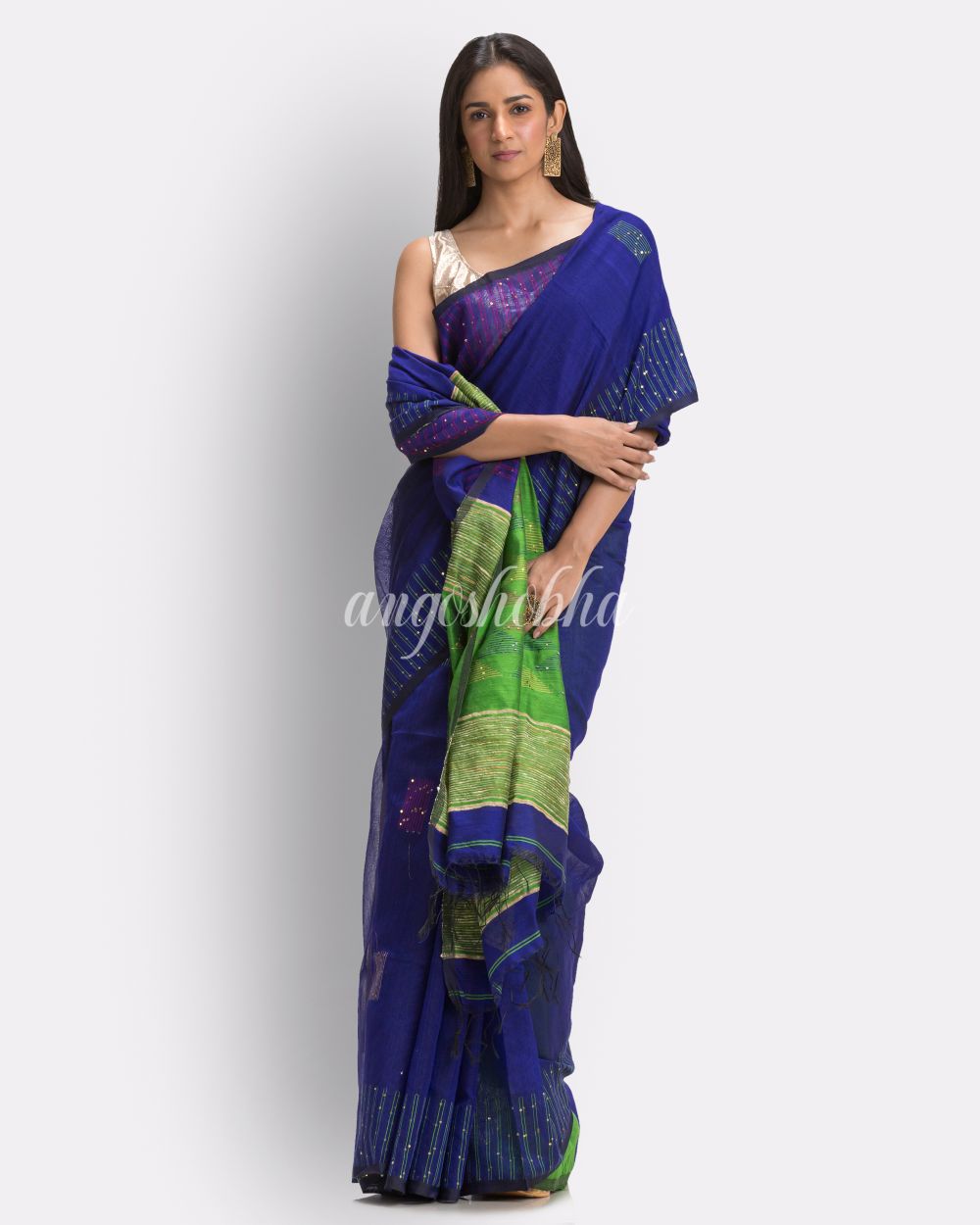 Royal Blue Cotton Blend Handloom Jamdani Saree angoshobha