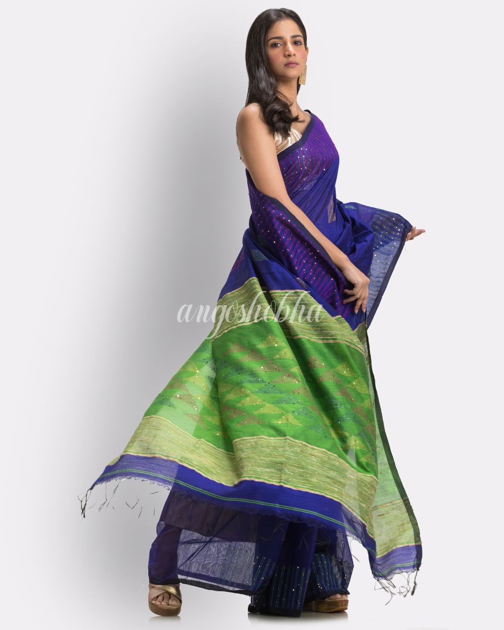 Royal Blue Cotton Blend Handloom Jamdani Saree angoshobha