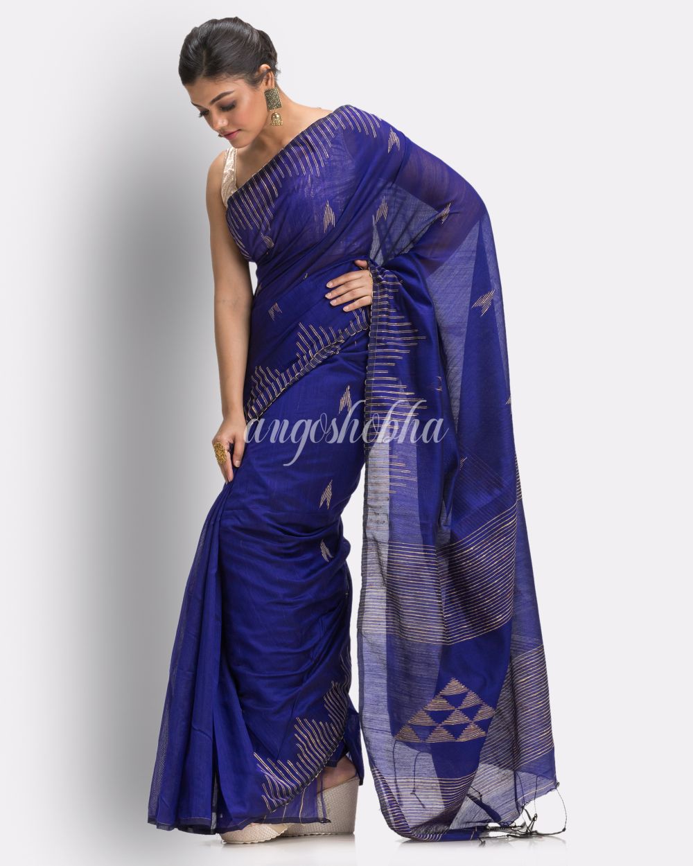 Royal Blue Cotton Blend Handloom Jamdani Saree angoshobha