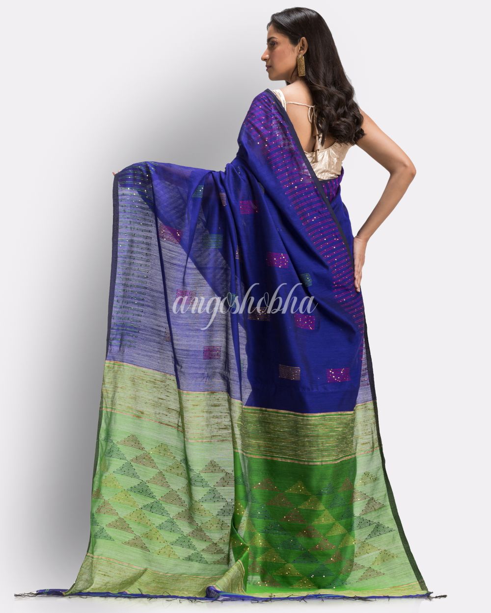 Royal Blue Cotton Blend Handloom Jamdani Saree angoshobha