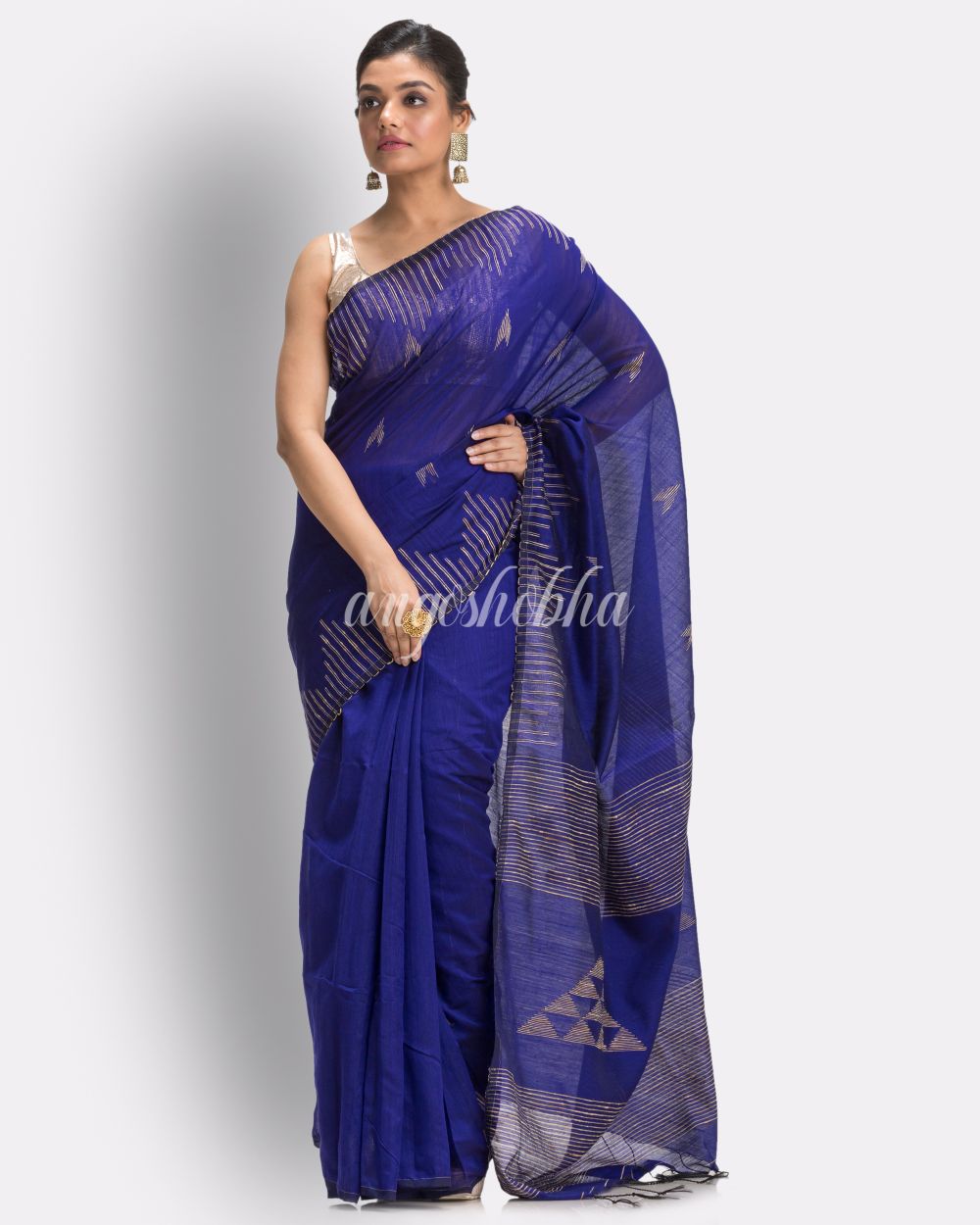 Royal Blue Cotton Blend Handloom Jamdani Saree angoshobha