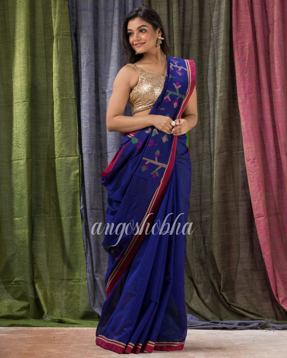 Royal Blue Cotton Blend Traditional Jamdani Saree angoshobha