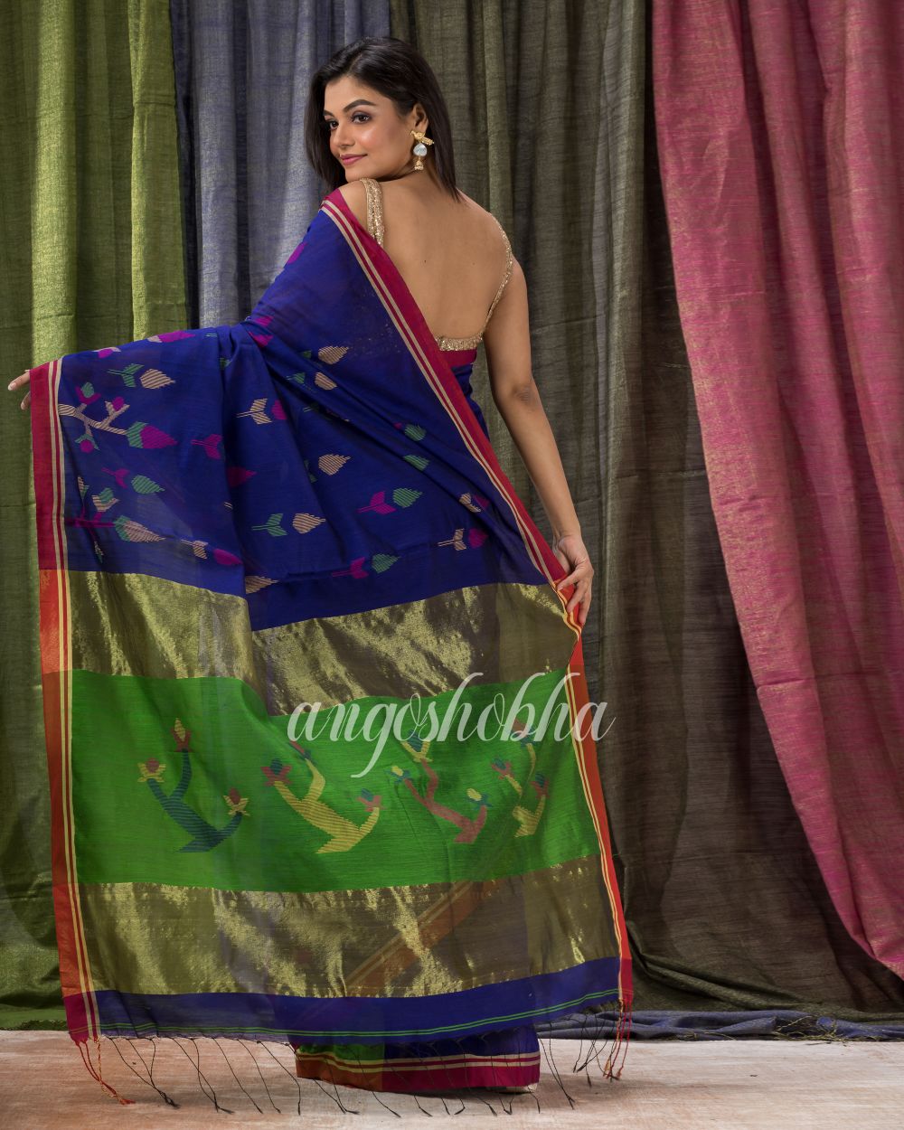 Royal Blue Cotton Blend Traditional Jamdani Saree angoshobha