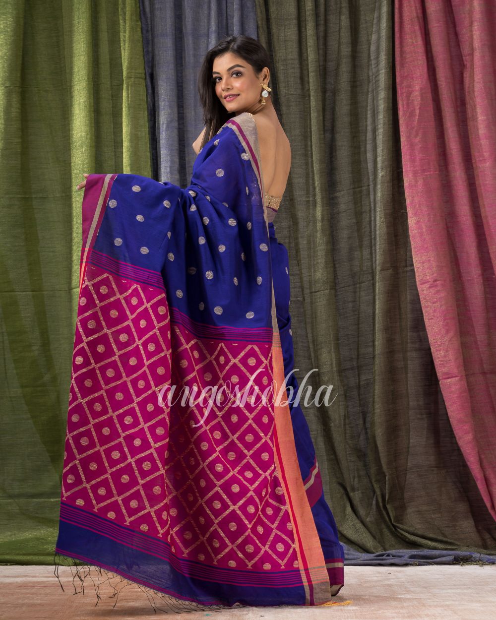 Royal Blue Cotton Blend Traditional Jamdani Saree angoshobha
