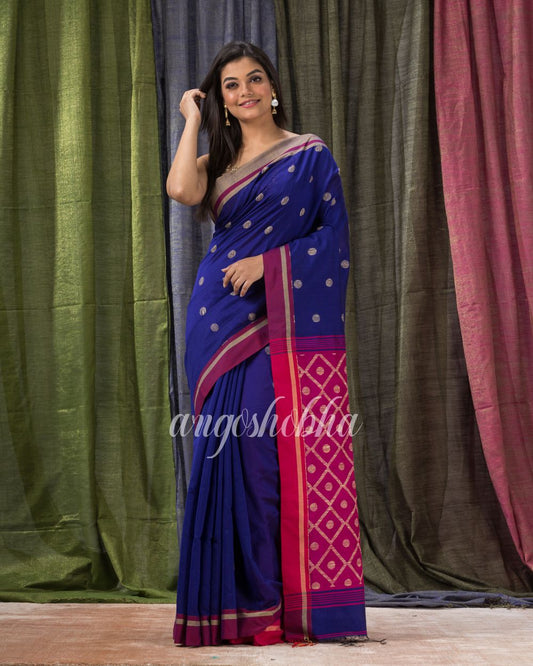 Royal Blue Cotton Blend Traditional Jamdani Saree angoshobha