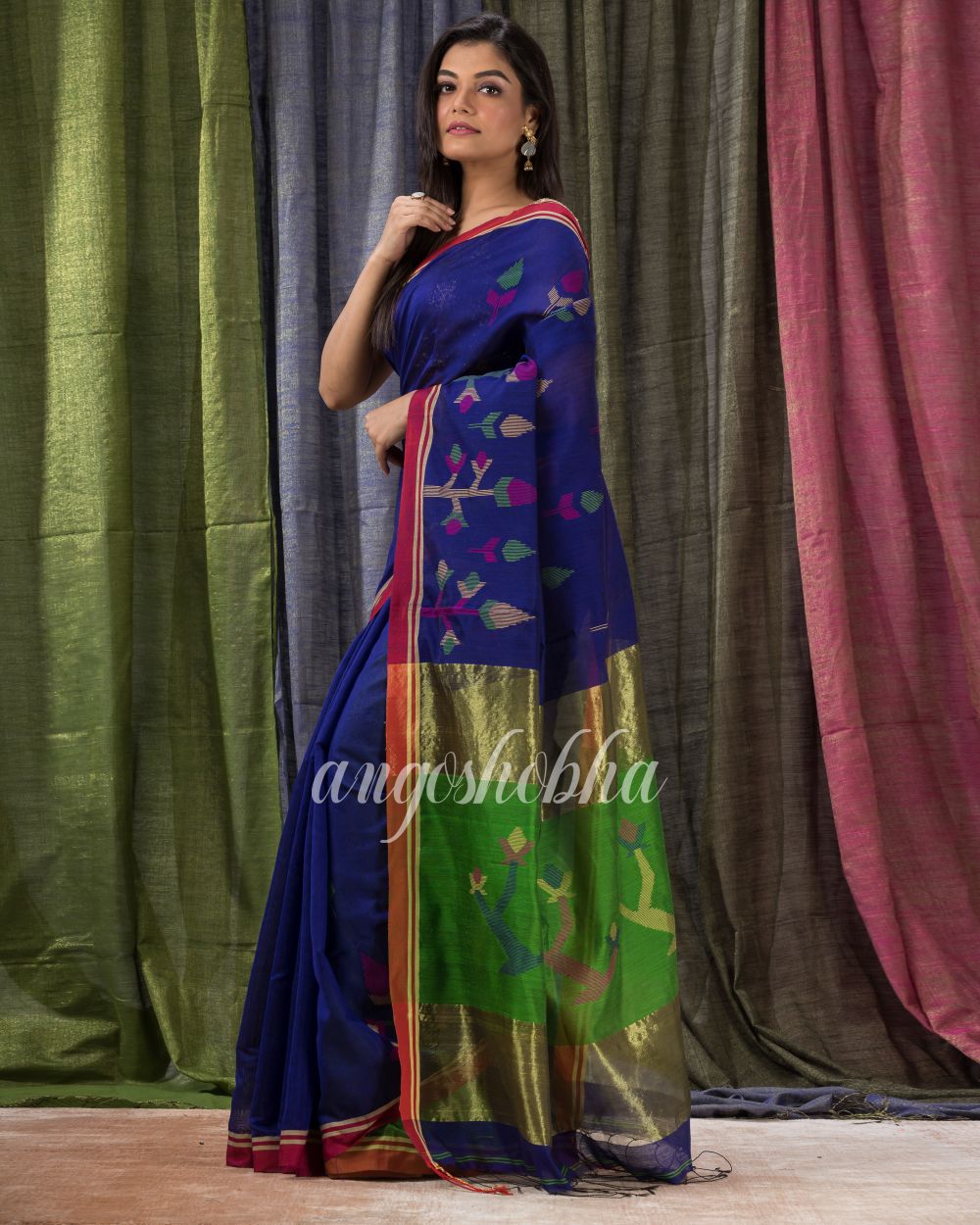 Royal Blue Cotton Blend Traditional Jamdani Saree angoshobha