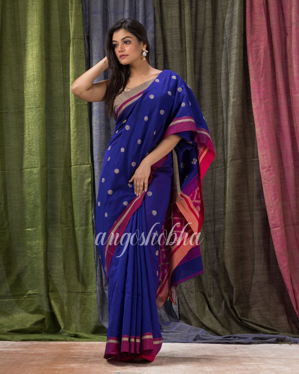 Royal Blue Cotton Blend Traditional Jamdani Saree angoshobha