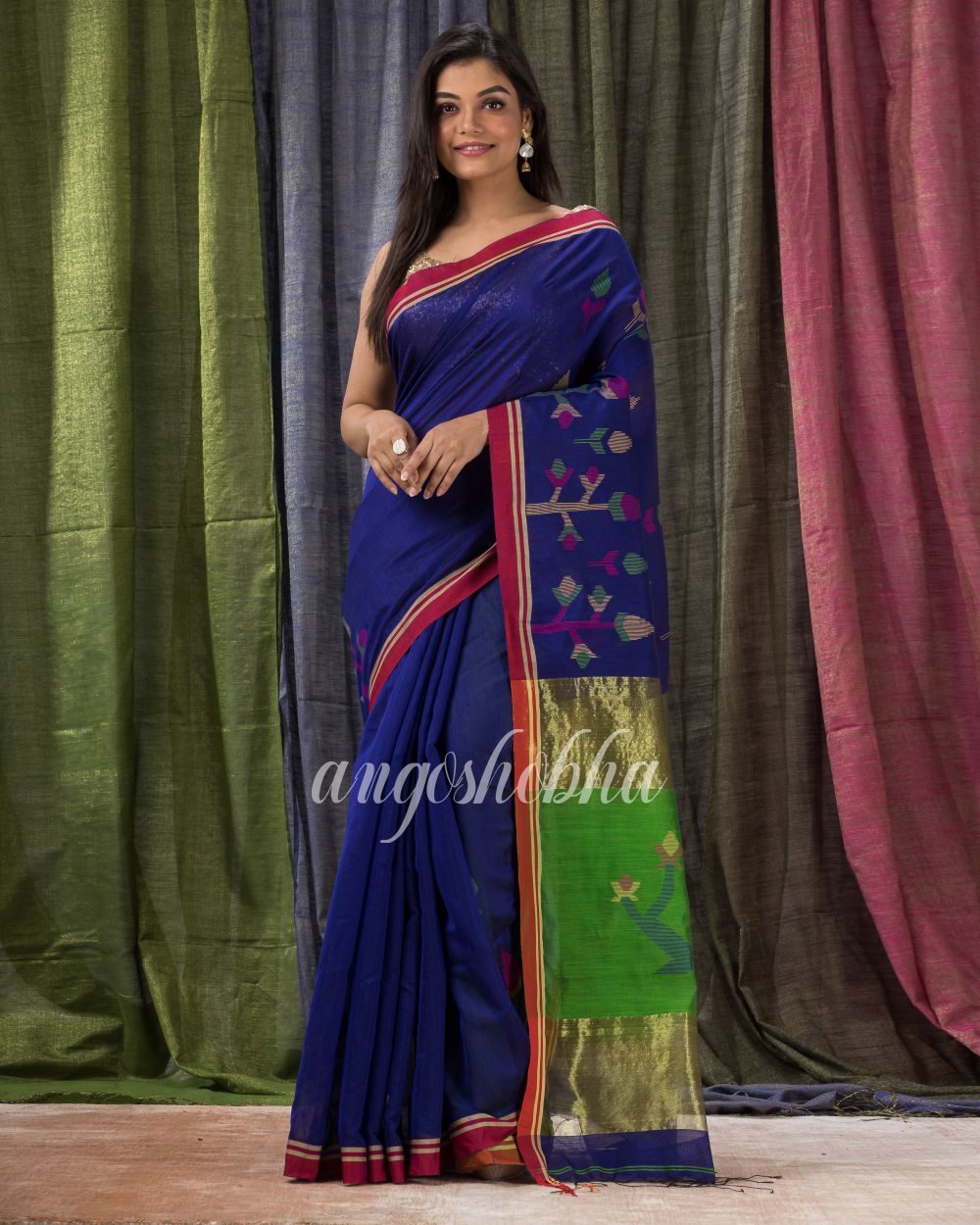 Royal Blue Cotton Blend Traditional Jamdani Saree angoshobha