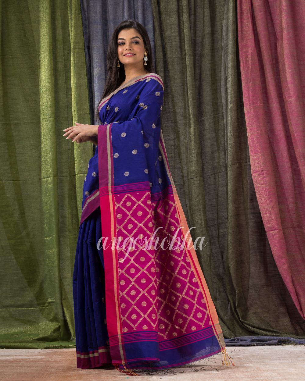 Royal Blue Cotton Blend Traditional Jamdani Saree angoshobha