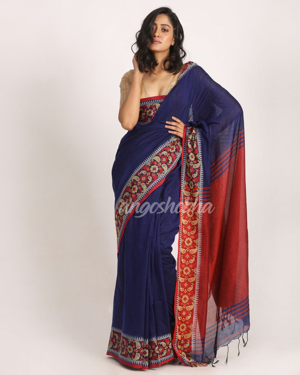 Royal Blue Handloom Cotton Tangail Saree angoshobha