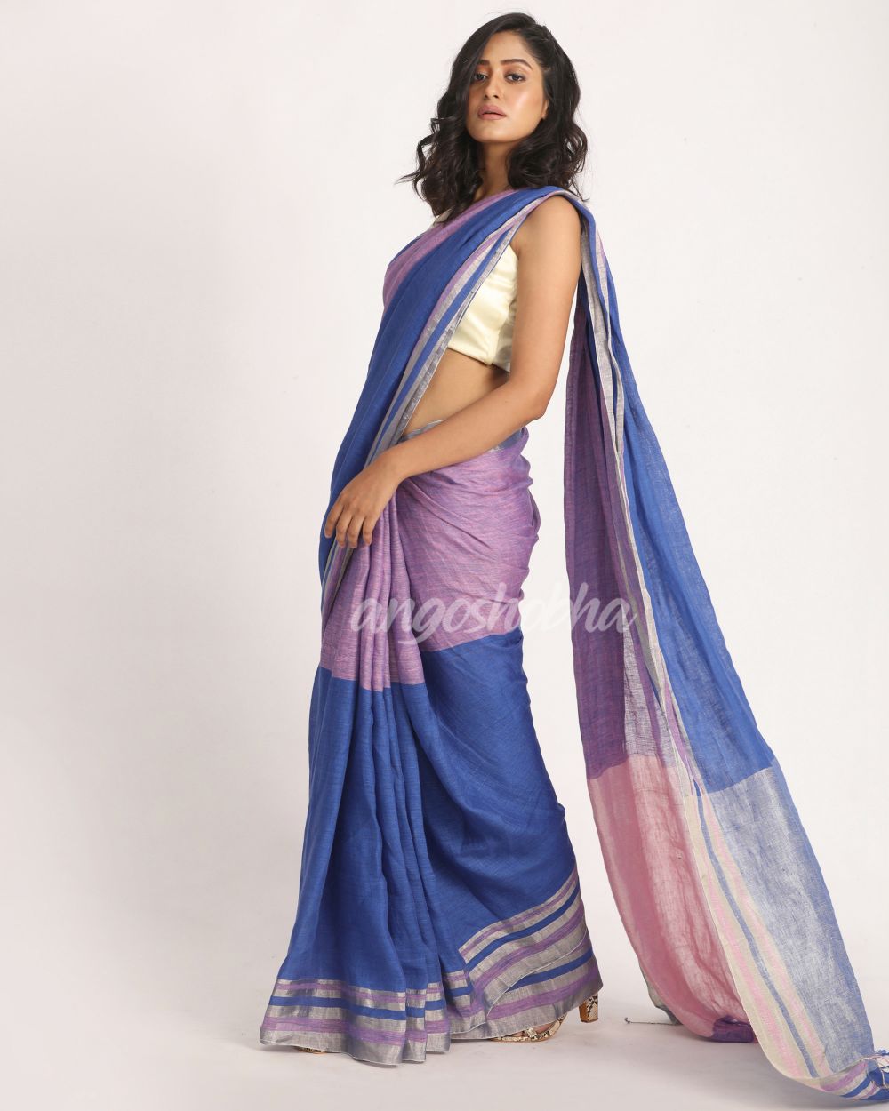 Royal Blue Light Pink Traditional Handloom Linen Saree angoshobha