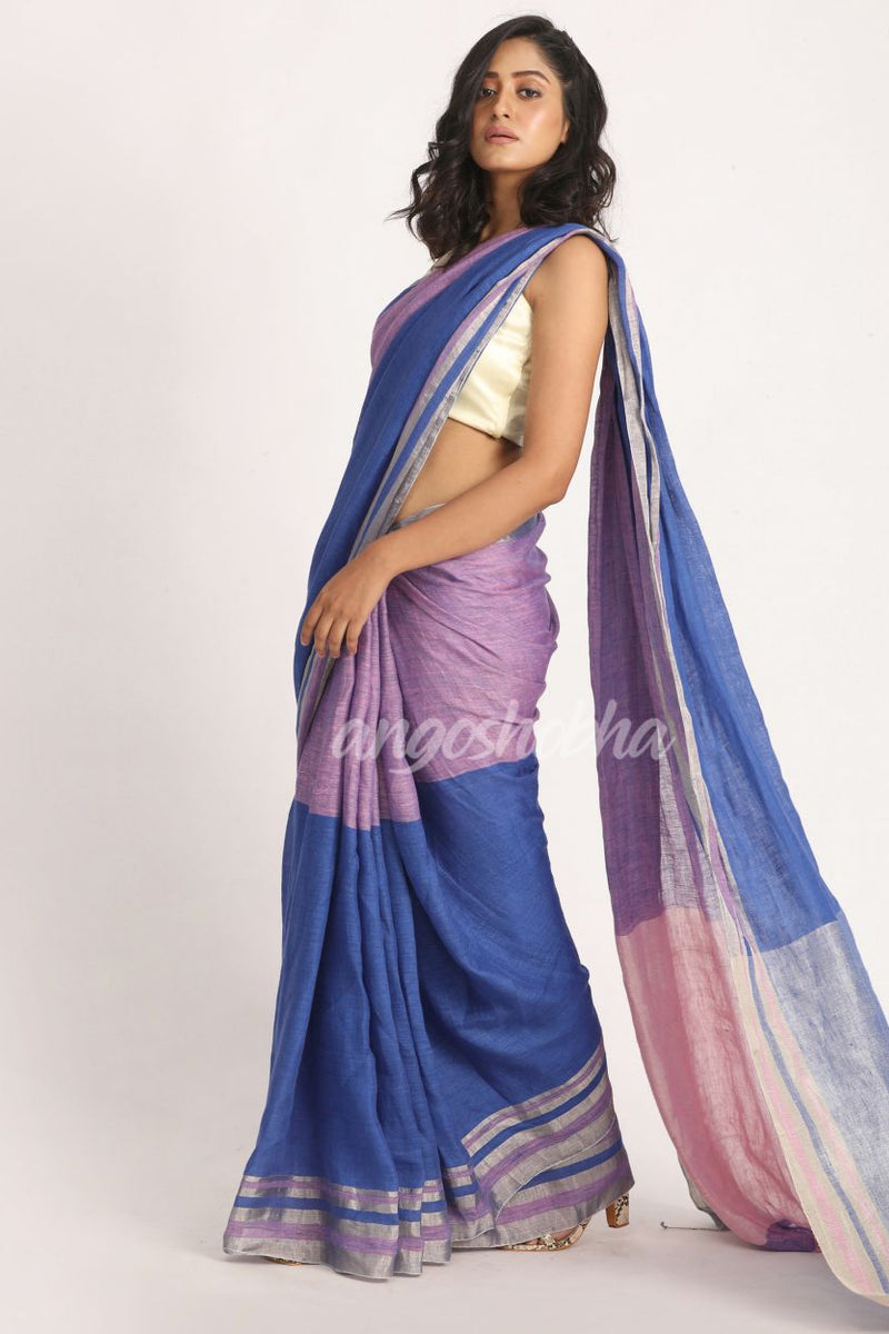 Royal Blue Light Pink Traditional Handloom Linen Saree