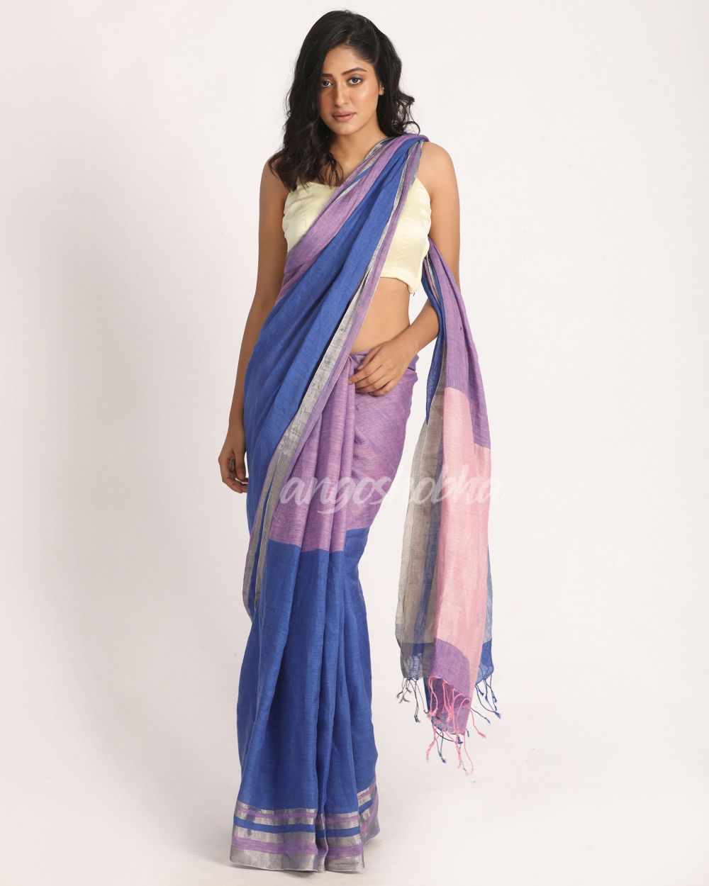 Royal Blue Light Pink Traditional Handloom Linen Saree angoshobha