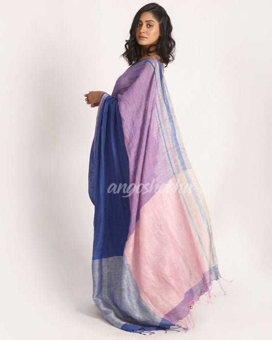 Royal Blue Light Pink Traditional Handloom Linen Saree angoshobha