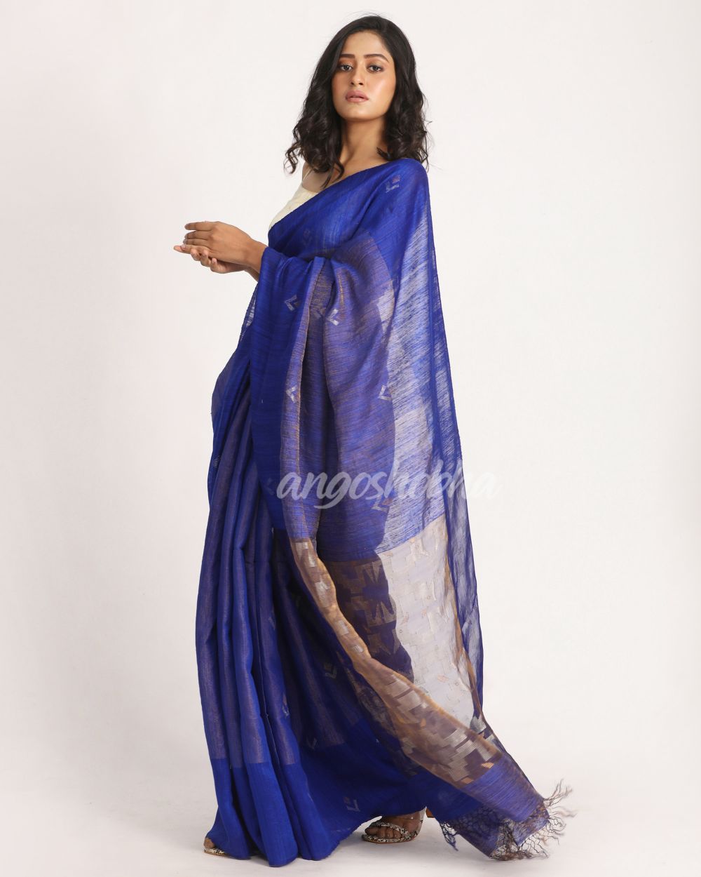 Royal Blue Matka Silk Handloom Traditional Jamdani Saree angoshobha