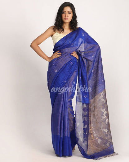 Royal Blue Matka Silk Handloom Traditional Jamdani Saree angoshobha