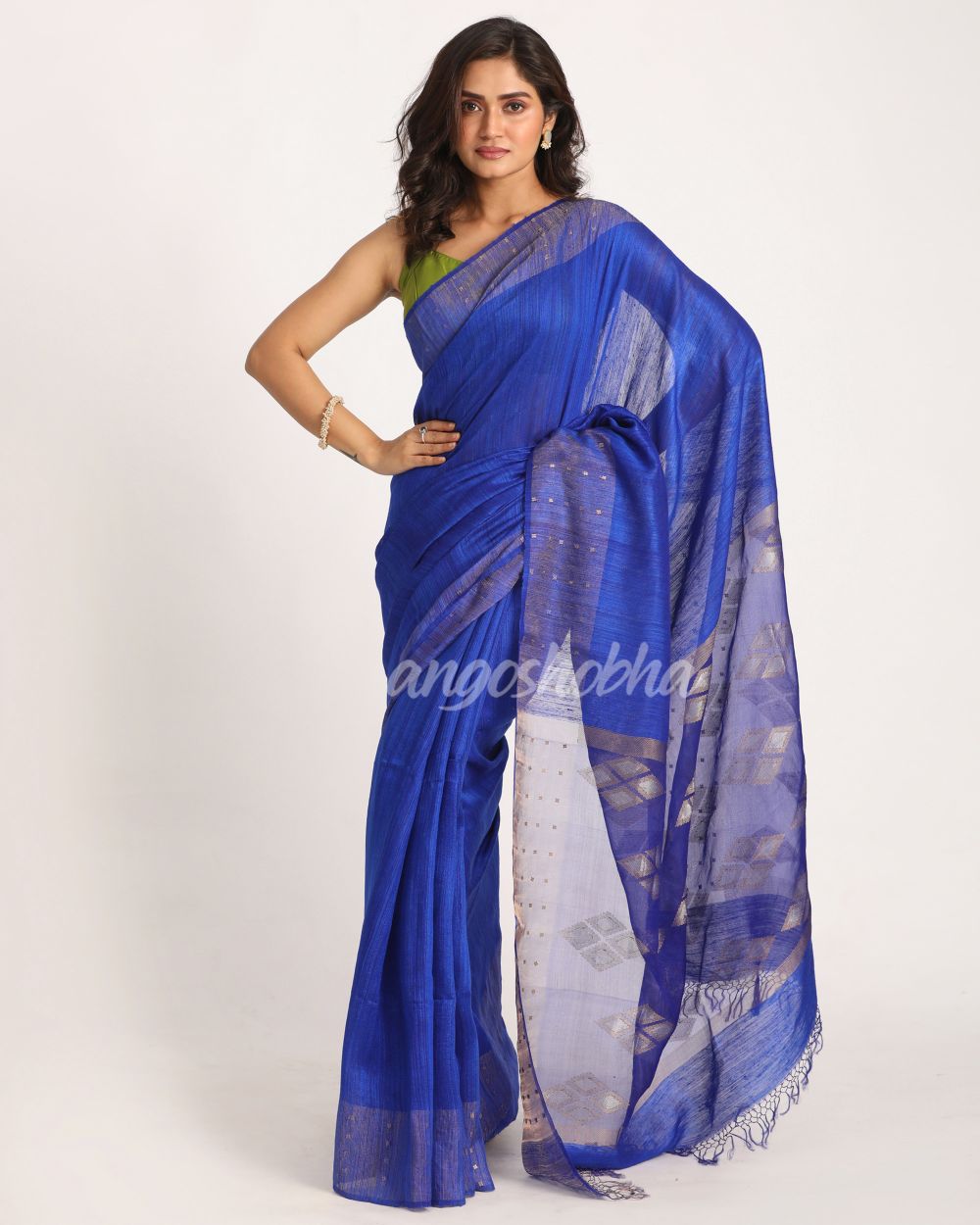 Royal Blue Matka Silk Handloom Traditional Jamdani Saree angoshobha