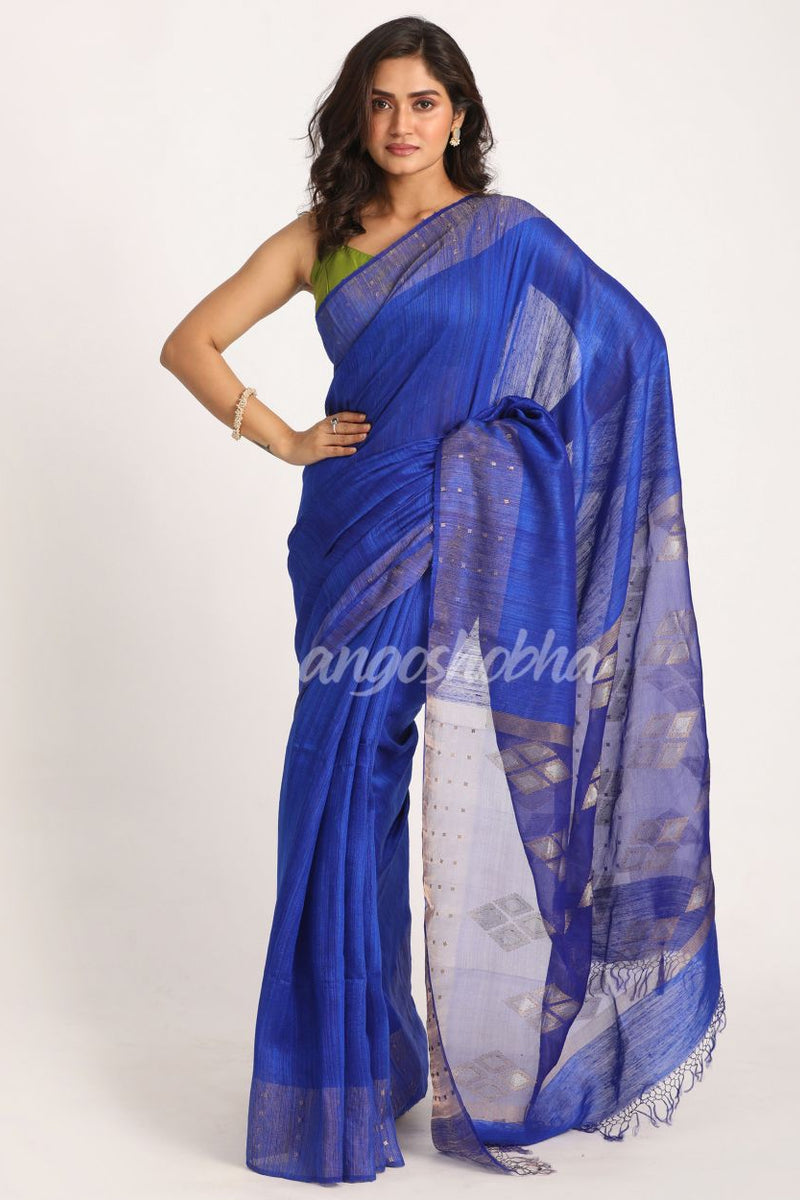 Royal Blue Matka Silk Handloom Traditional Jamdani Saree
