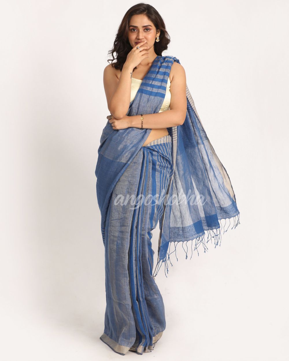 Royel Blue Check Traditional Handloom Linen Saree angoshobha
