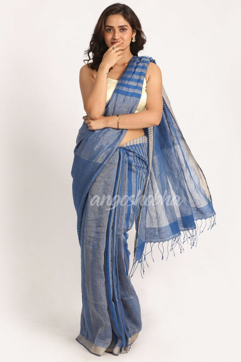 Royel Blue Check Traditional Handloom Linen Saree