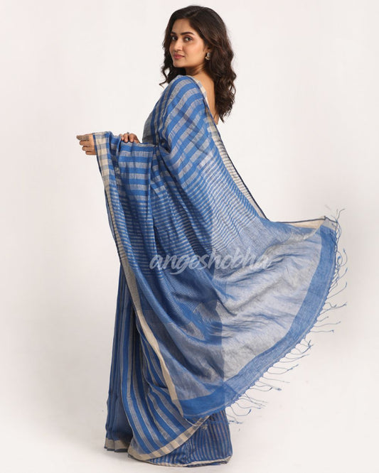 Royel Blue Check Traditional Handloom Linen Saree angoshobha