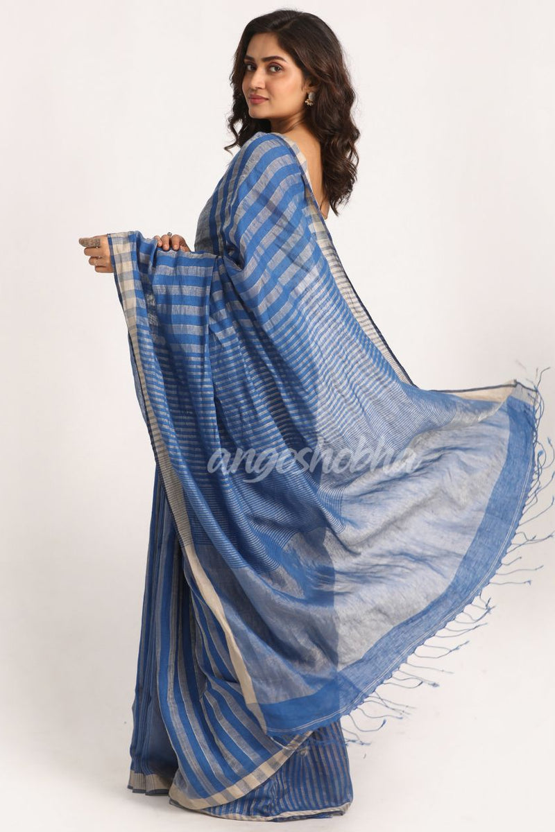 Royel Blue Check Traditional Handloom Linen Saree