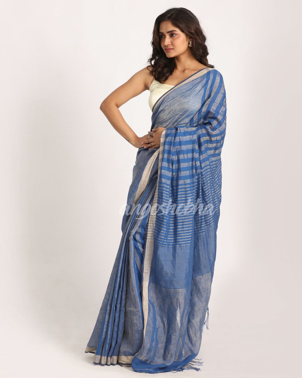 Royel Blue Check Traditional Handloom Linen Saree angoshobha