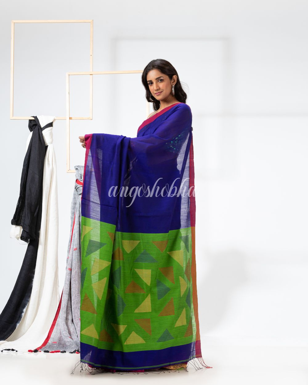 Royel Blue Cotton Blend Festive Jamdani Saree angoshobha