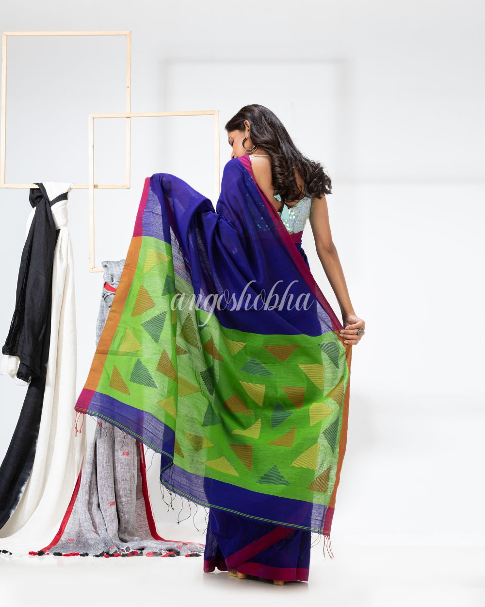 Royel Blue Cotton Blend Festive Jamdani Saree angoshobha