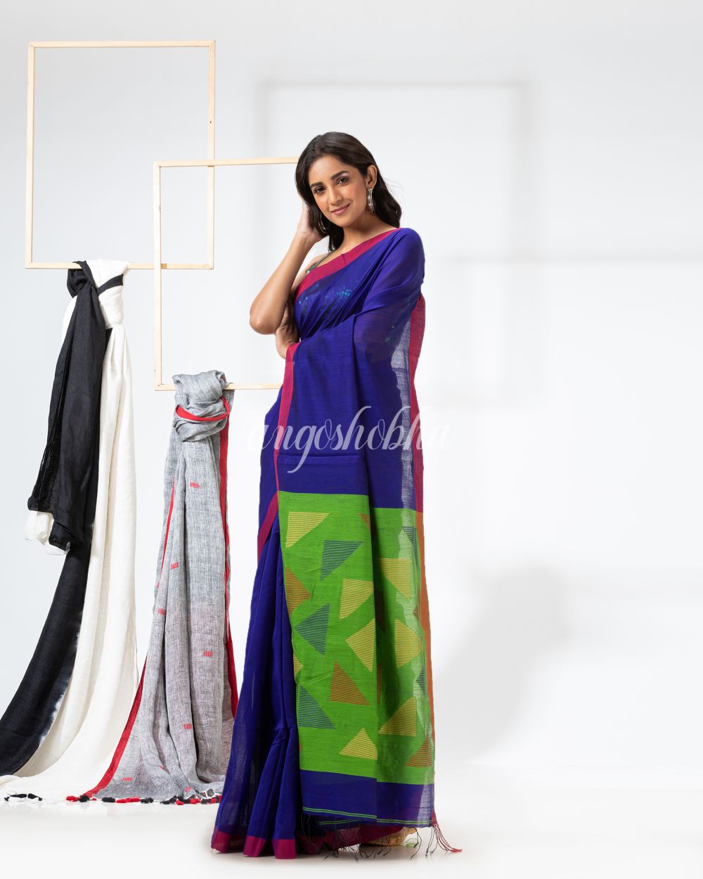 Royel Blue Cotton Blend Festive Jamdani Saree angoshobha